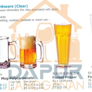Polycarbonate (PC) Drinkware (Clear) - Beer Mug - Footed Pilsner - Tumbler Glass